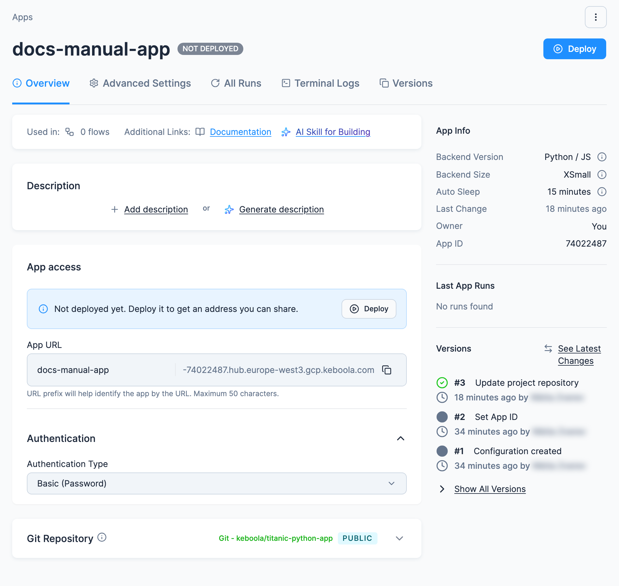 A new app's Overview tab: Description, then the App access card with a Not deployed yet notice, the App URL block and Authentication set to Basic (Password), then the Git Repository card, with the App Info panel on the right